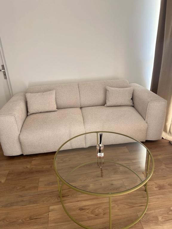 un salon avec un canapé et une table en verre dans l'établissement Appartement rénové situé aux portes de Paris, à Villeneuve-la-Garenne