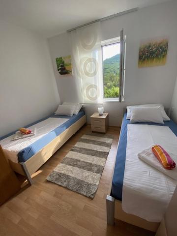 sypialnia z dwoma łóżkami i oknem w obiekcie Apartment Tasha w mieście Ist