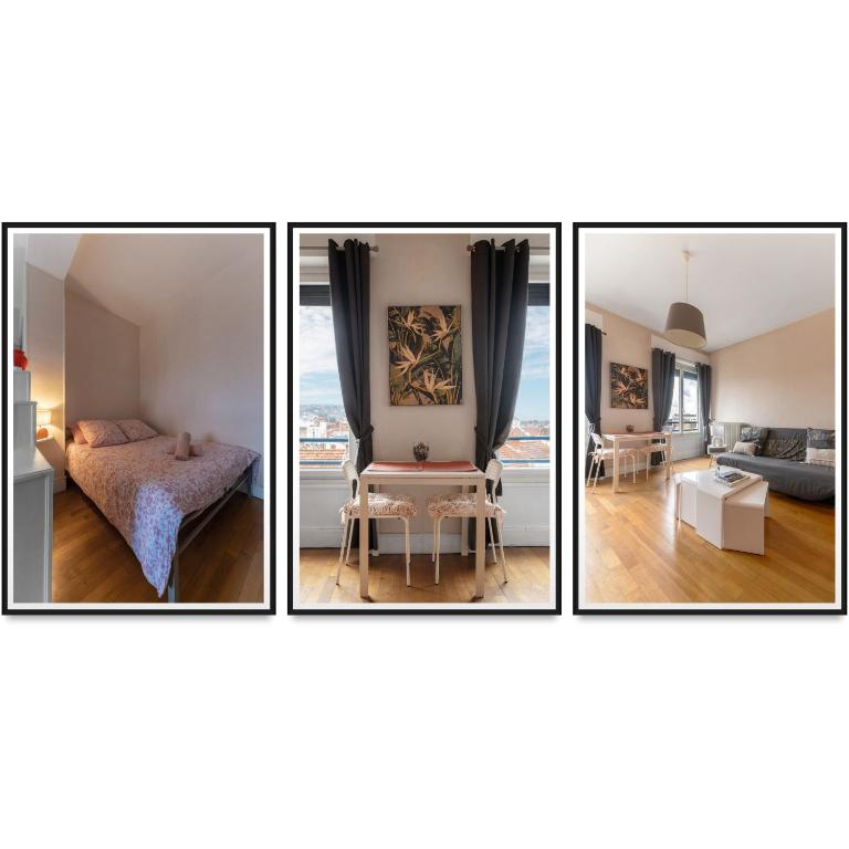 4 photos d'une chambre et d'un salon dans l'établissement Le Victoria - Appartement cœur de ville avec vue, à Vichy