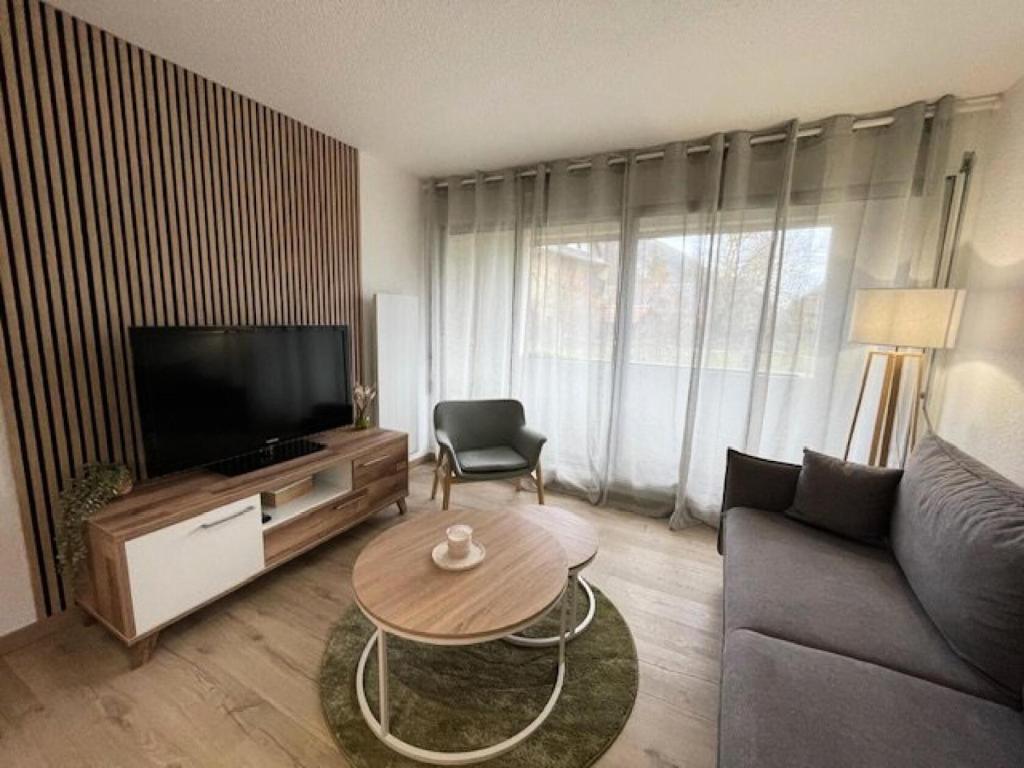 un salon avec un canapé, une télévision et une table dans l'établissement Résidence Le Palos - A deux pas du centre appartement 6 personnes à la Résidence PALOS A/62 MAE-6811, à Cadeilhan-Trachère