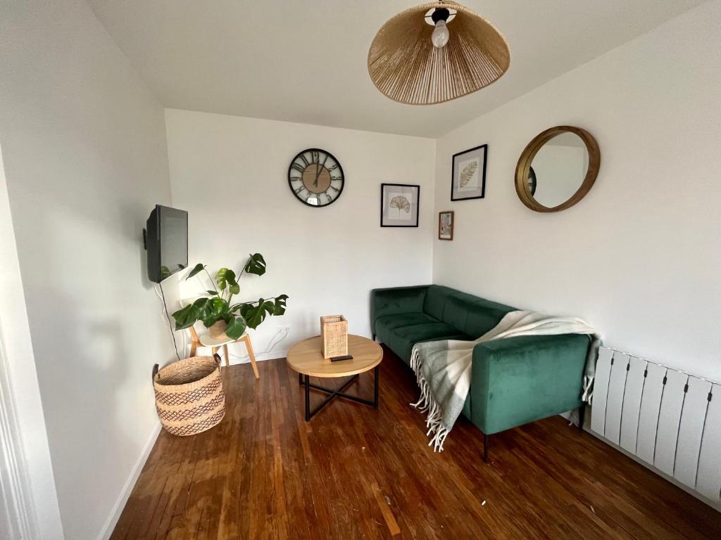 un salon avec un canapé vert et une table dans l'établissement Appartement centre-ville 2 personnes, à Troyes