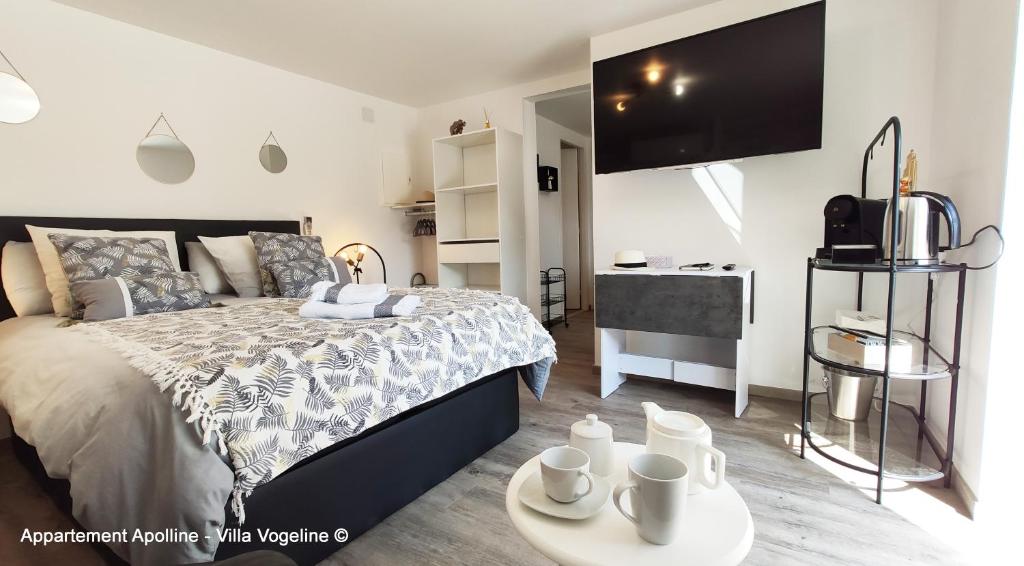 une chambre avec un lit, une télévision et une table dans l'établissement Appartements cosy avec vue jardin, calme et confort garantis, à Bains-les-Bains