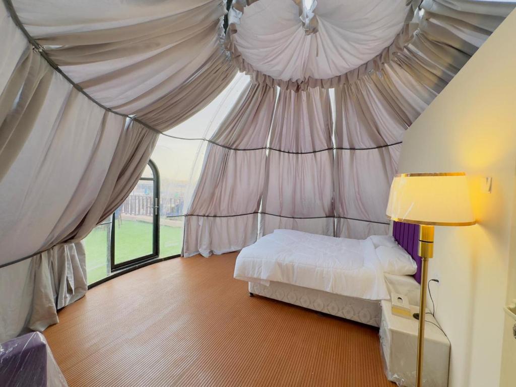 ein Schlafzimmer mit einem Baldachin mit einem Bett und einer Lampe in der Unterkunft Desert Night Camping in Dubai