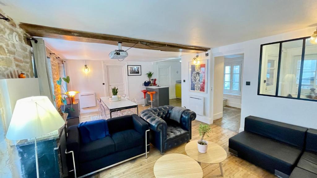 un salon avec des canapés et une table dans l'établissement Nid des antiquaires hypercentre Dijon, à Dijon