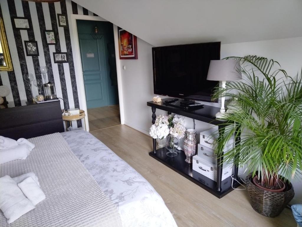 a living room with a flat screen tv and plants at CHEZ HÉLÈNE in Saint-Coulomb