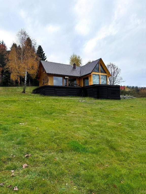 a house on a grassy field with a house at Chata z Kraja in Pewel Wielka