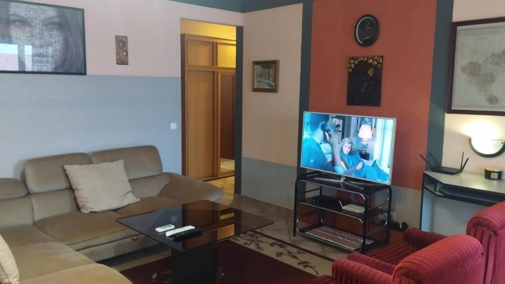 salon z kanapą i telewizorem z płaskim ekranem w obiekcie Tommy Apartman w Hajduszoboszlo