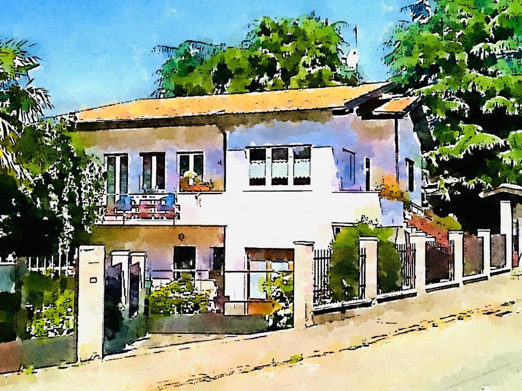 a painting of a white house with a fence at Gemütliche Ferienwohnung in Agra in Agra
