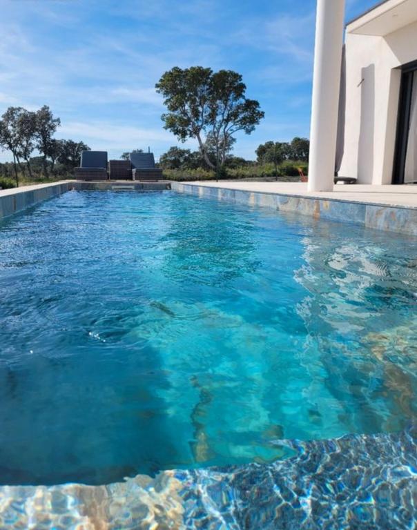 une piscine avec de l'eau bleue devant une maison dans l'établissement maison contemporaine, à Nîmes