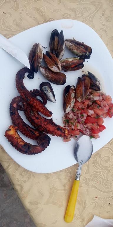 a white plate of food with mussels and a spoon at EL Faro Surfstay in Tamri