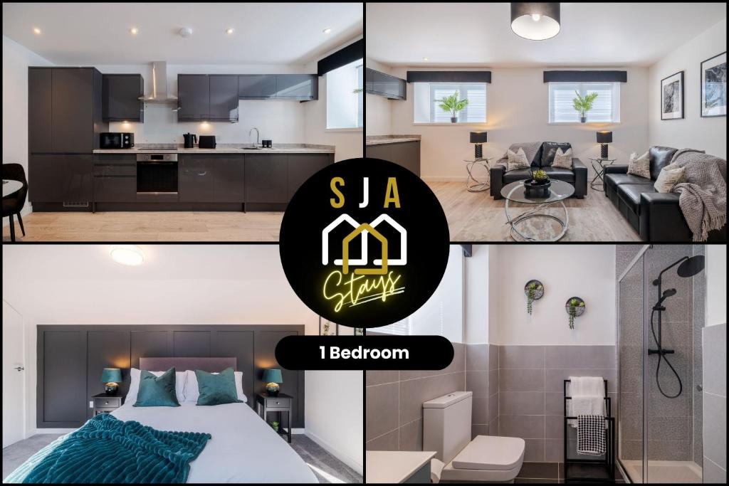 a collage of photos of a bedroom and a living room at Union Row Retreat - SJA Stays - Luxury 1 Bed Apartment in Aberdeen