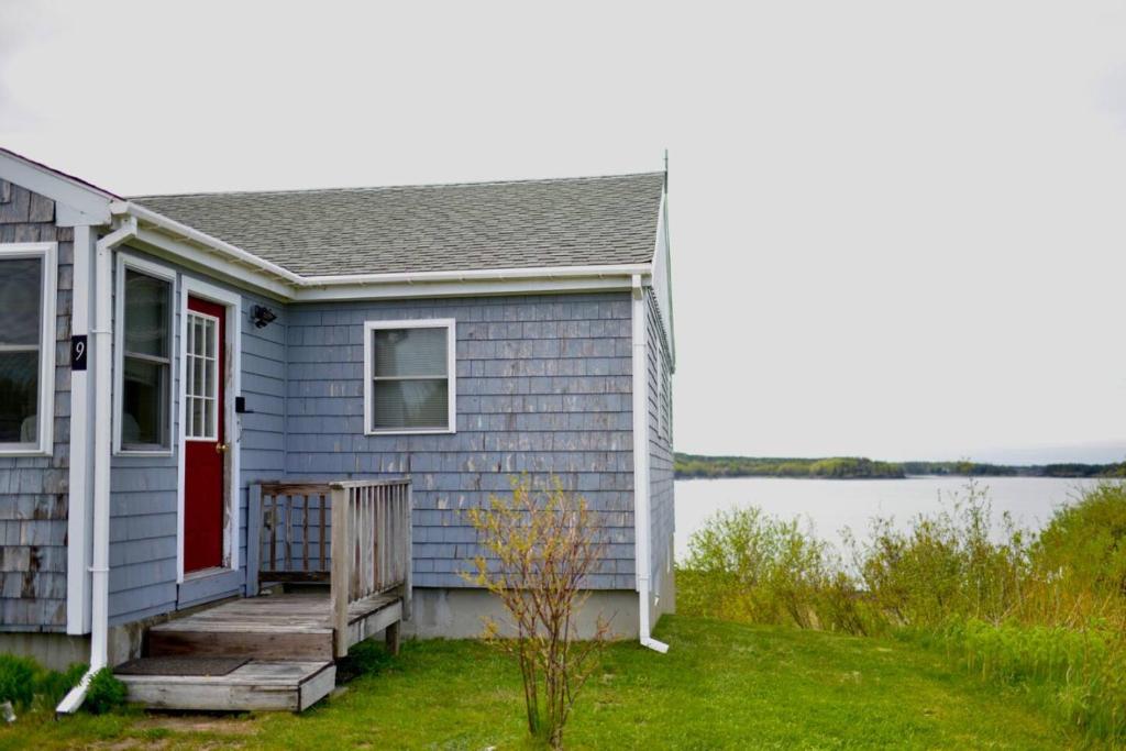 a small blue house with a red door and grass at Mudges Bluff Waterfront Retreat in Lubec