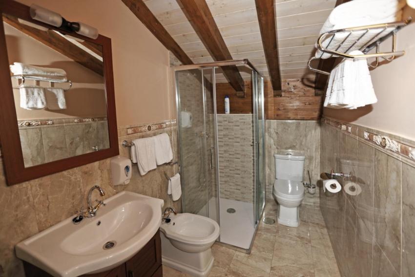 łazienka z toaletą, umywalką i prysznicem w obiekcie Apartamentos Villa Sofía w mieście San Vicente de la Barquera