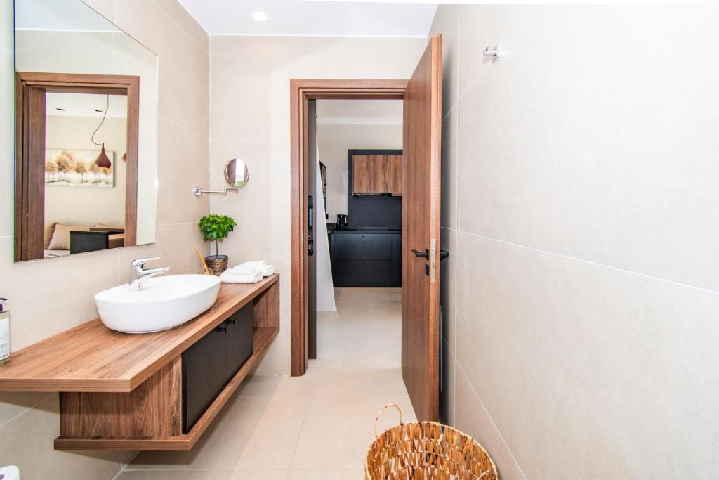 a bathroom with a sink and a mirror at Nestor Luxury Villas in Romanu