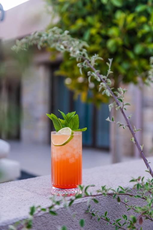 a drink with a green garnishment sitting on a table at Nestor Luxury Villas in Romanu