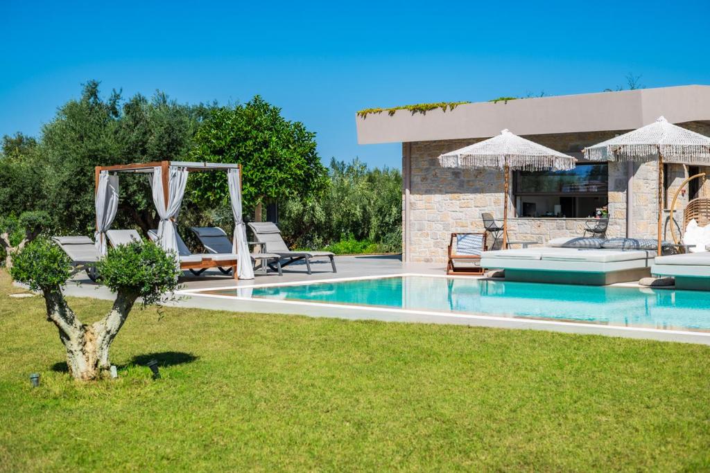 a swimming pool in a yard next to a house at Nestor Luxury Villas in Romanu