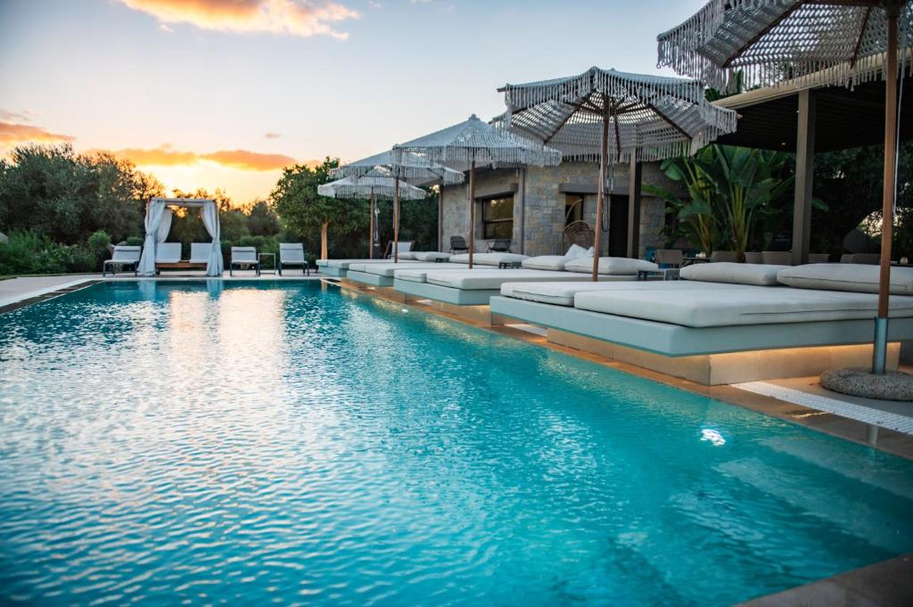 a swimming pool with couches and an outdoor gym at Nestor Luxury Villas in Romanu
