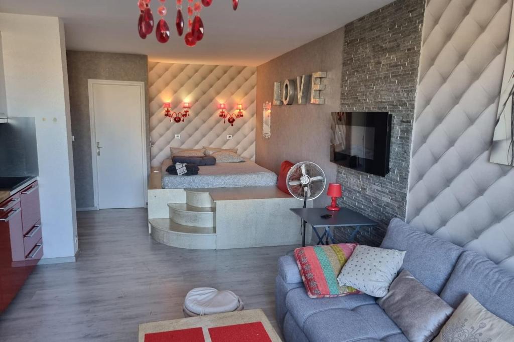 un salon avec un lit et un canapé dans l'établissement Naturiste Cap d'Agde Héliopolis C 65, au Cap d'Agde