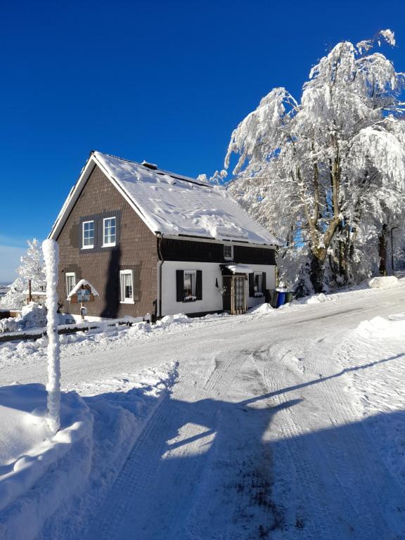 a house in the snow with a mountain in the background at Tante Hanna in Winterberg