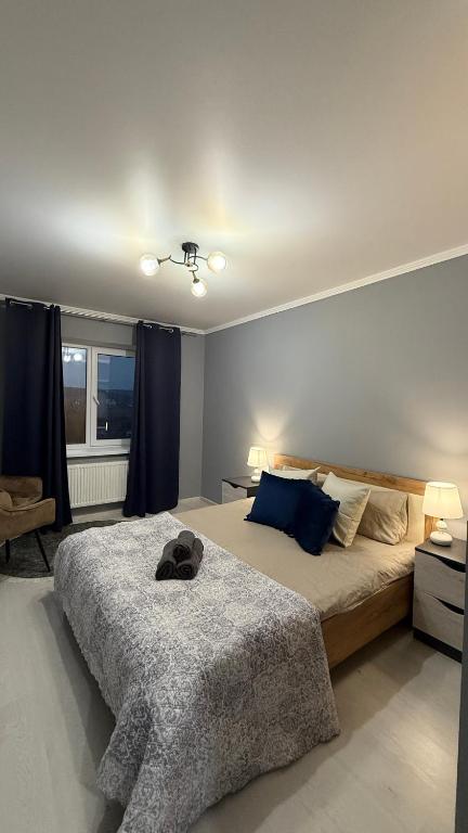 a bedroom with a large bed with blue pillows at Mark House 4 in Căuşeni