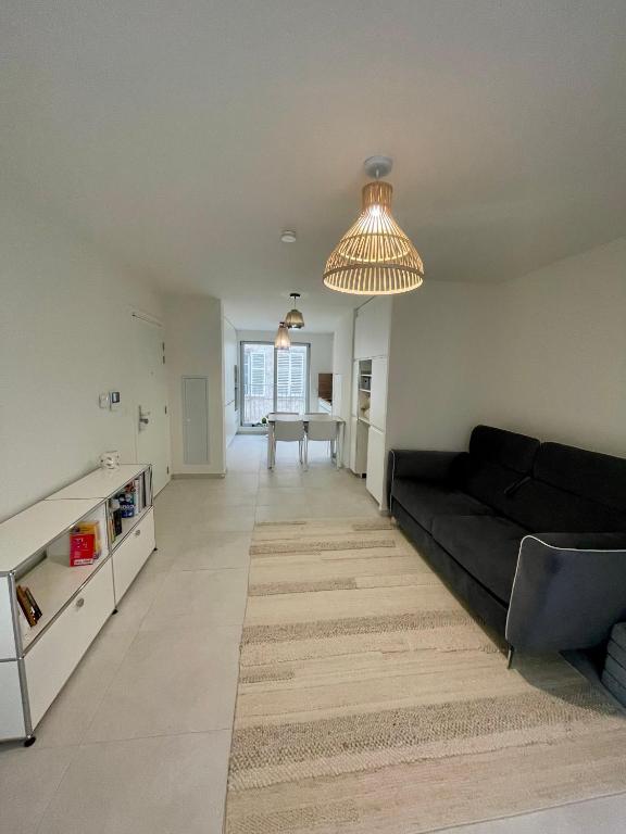 un salon avec un canapé noir et une table dans l'établissement Logement neuf entier Petite France, à Strasbourg