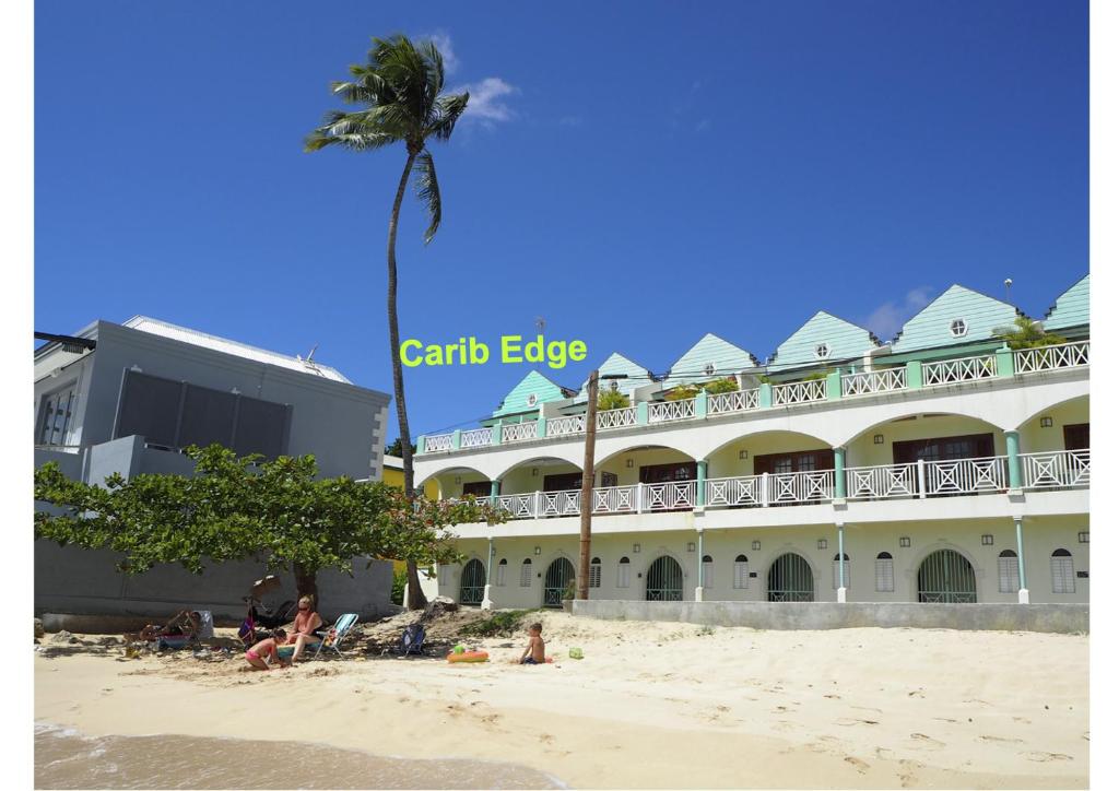 a palm tree in front of a building on the beach at Carib Edge AC beach penthouse, near amenities in Saint Peter
