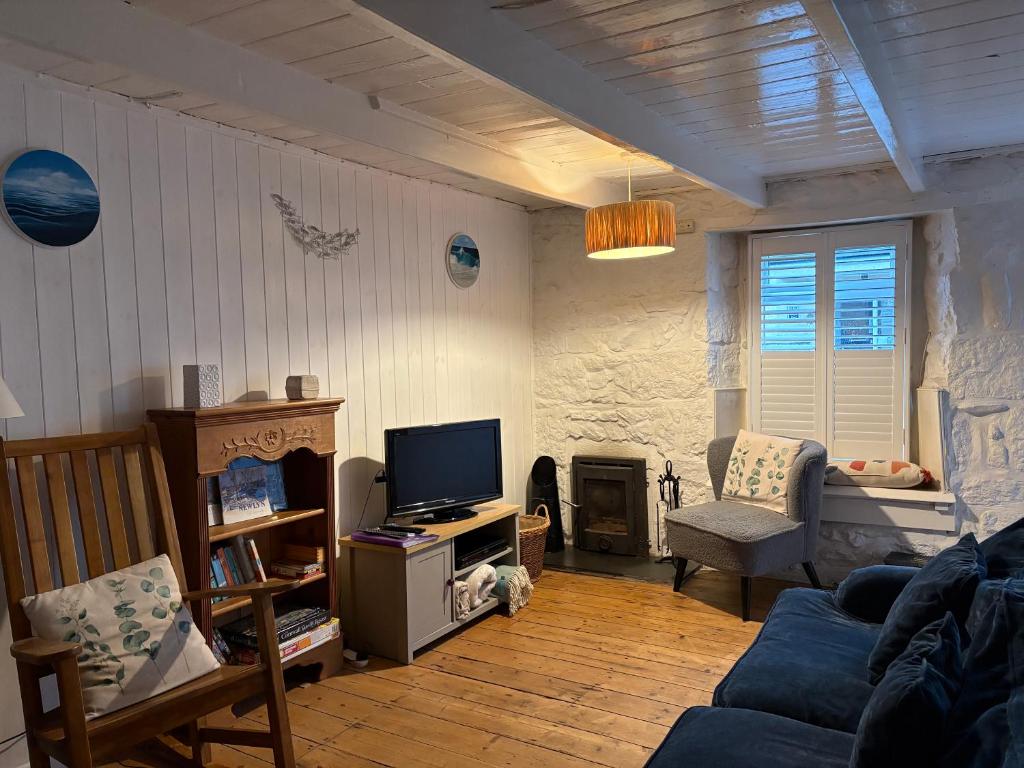 een woonkamer met een blauwe bank en een tv bij Newlyn Harbour Cottage in Newlyn