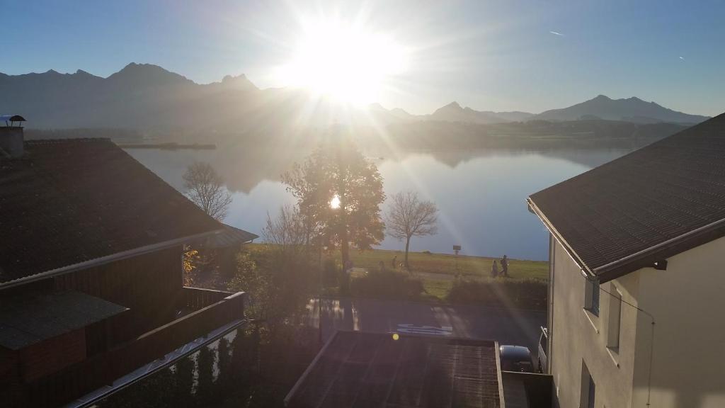 einen Blick auf einen See mit der Sonne am Himmel in der Unterkunft Ferienwohnungen Hopfensee in Füssen