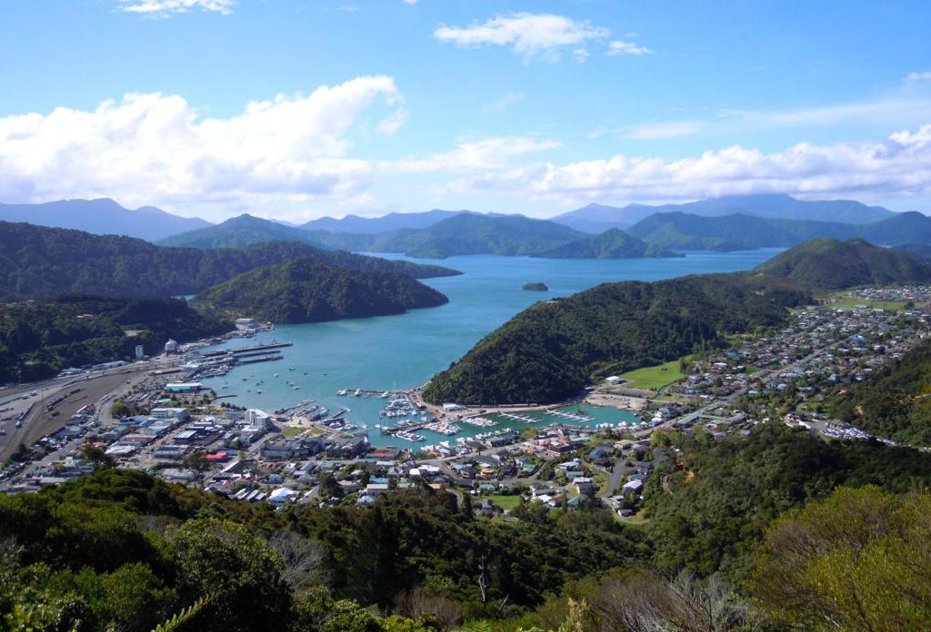 an aerial view of a town and a body of water at Close to Picton Town in Picton