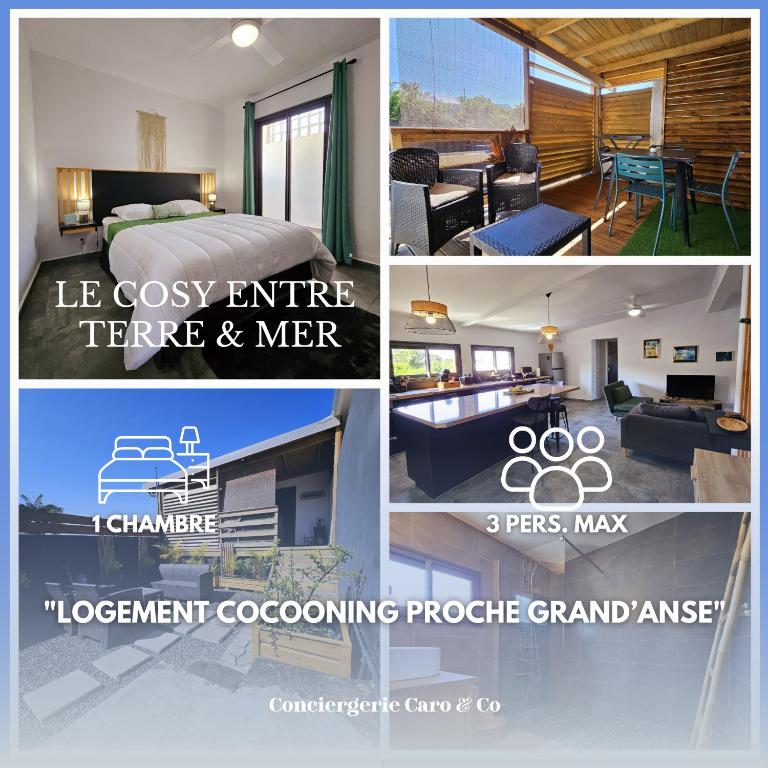 un collage de quatre photos d'une maison dans l'établissement Le Cosy entre Terre & Mer, proche Grand'Anse, à Petite Île