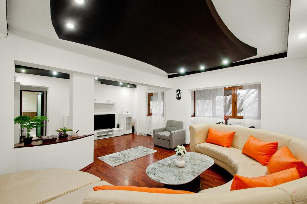 a living room with a couch and a table at Ultracentral Apartment Braila in Brăila