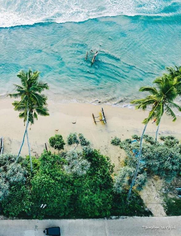an aerial view of a beach with palm trees and the ocean at Shaka Villa in Dickwella