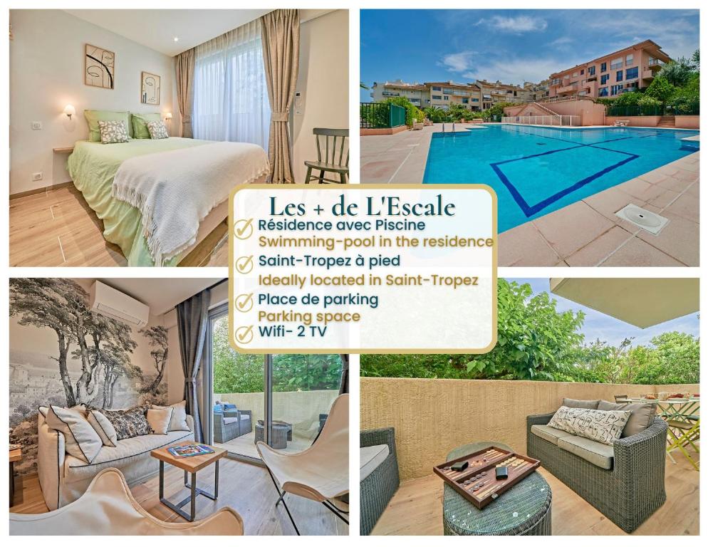 un collage de photos d'un hôtel avec une piscine dans l'établissement L'Escale-Appartement Saint-Tropez-4 personnes- Piscine-garage, à Saint-Tropez