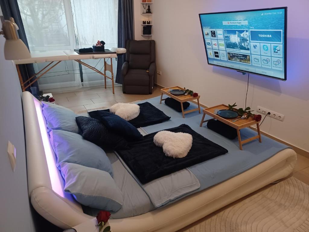 Televízia a/alebo spoločenská miestnosť v ubytovaní Éva Apartmanház