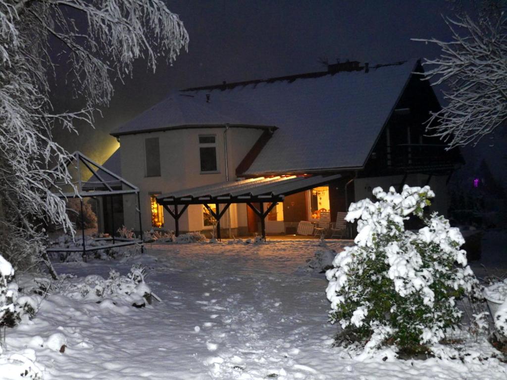 una casa coperta di neve di notte di Dworek dla alergikow "U Szkota" a Jelenia Góra
