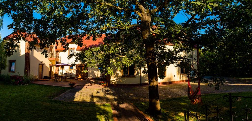 una casa con un árbol delante de ella en Gościniec Koćmierzów, en Sandomierz