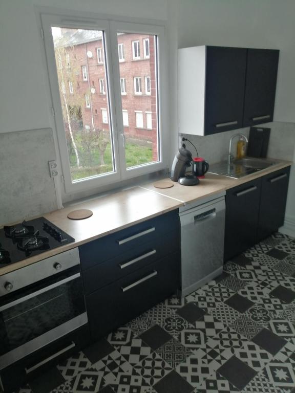 d'une cuisine avec un comptoir, un évier et une fenêtre. dans l'établissement L'Héritage, à Abbeville