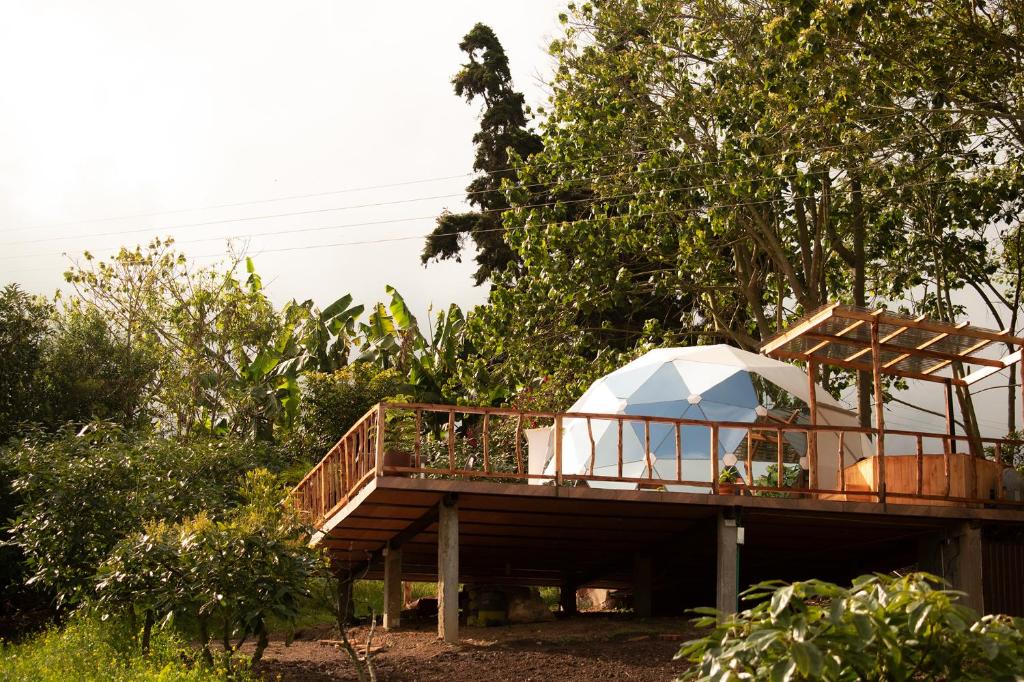 a house with a white tent on a deck at Wallaby Glamping in Silvania