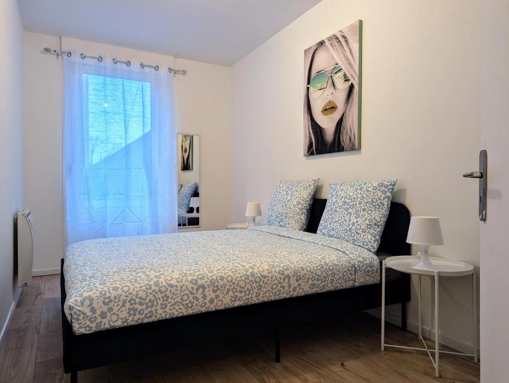 a bedroom with a bed and a picture on the wall at Le Vauban - appartement 2 chambres, salon, cuisine équipée, parking et wifi gratuit in Mulhouse