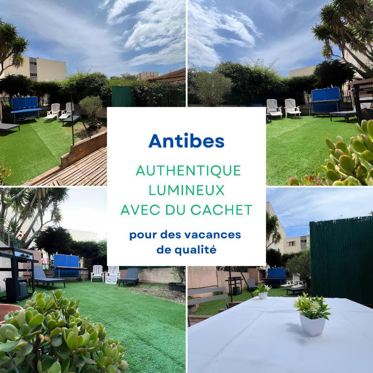 un collage de photos d'une cour avec des chaises et de l'herbe dans l'établissement Charme et Soleil Côte d'Azur, à Antibes