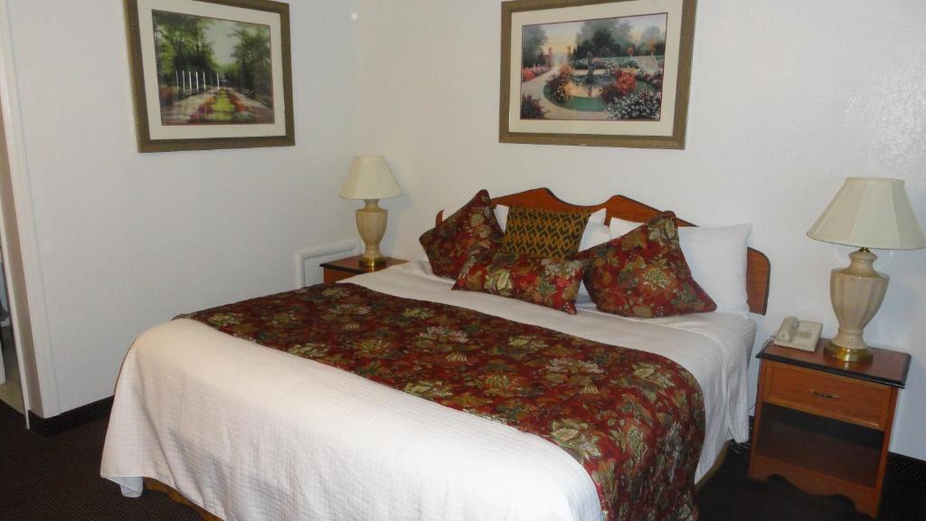 グランドジャンクショ​​ンにあるGrand Junction Palomino Innのランプ2つと写真2枚が備わるホテルルームのベッド1台