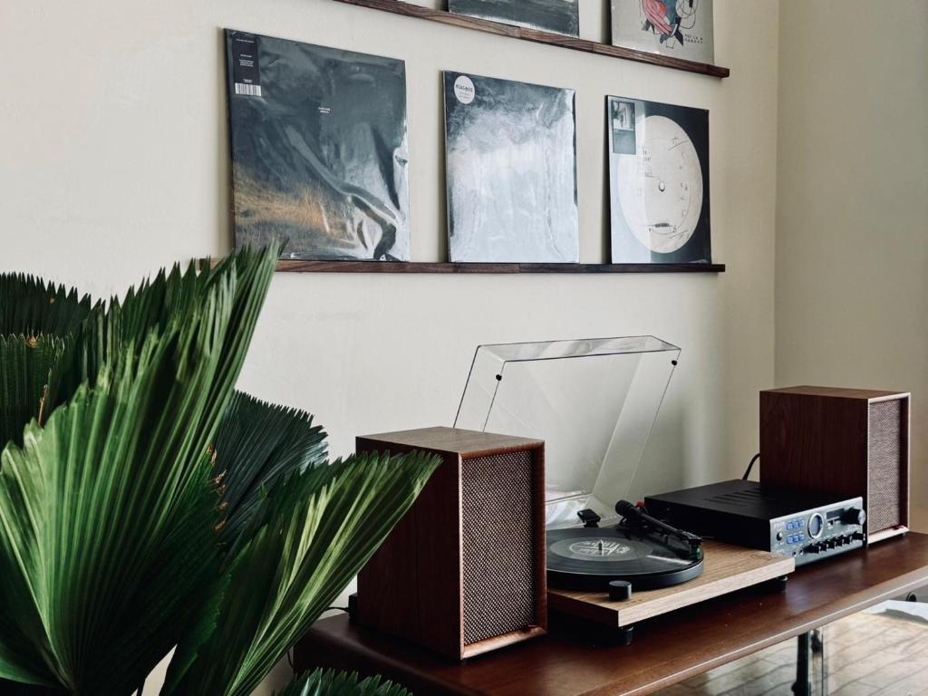 a table with a radio and a plant on it at Adagio Shihtiping in Fengbin