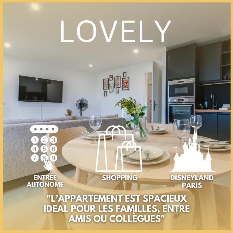 un magazine publicitaire pour un salon avec une table à manger dans l'établissement Lovely appartement proche Disney, à Vaires-sur-Marne