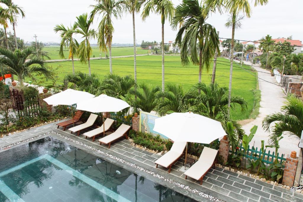 una piscina con sillas, sombrillas y palmeras en Hoi An Golden Rice Villa, en Hoi An