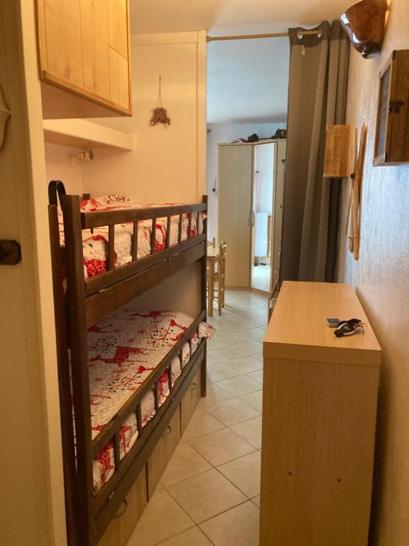 Mały pokój z 2 łóżkami piętrowymi i blatem w obiekcie STUDIO SUR PISTES direct face rassemblement écoles de skis classé 3 Etoiles 4 Couchages COSY w mieście Saint-Lary-Soulan