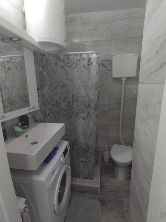 bagno con lavatrice e servizi igienici di Una Studio Apartman a Sombor