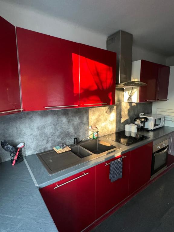 - une cuisine rouge avec un évier et des placards rouges dans l'établissement Maison de ville parking privé, à Bourges