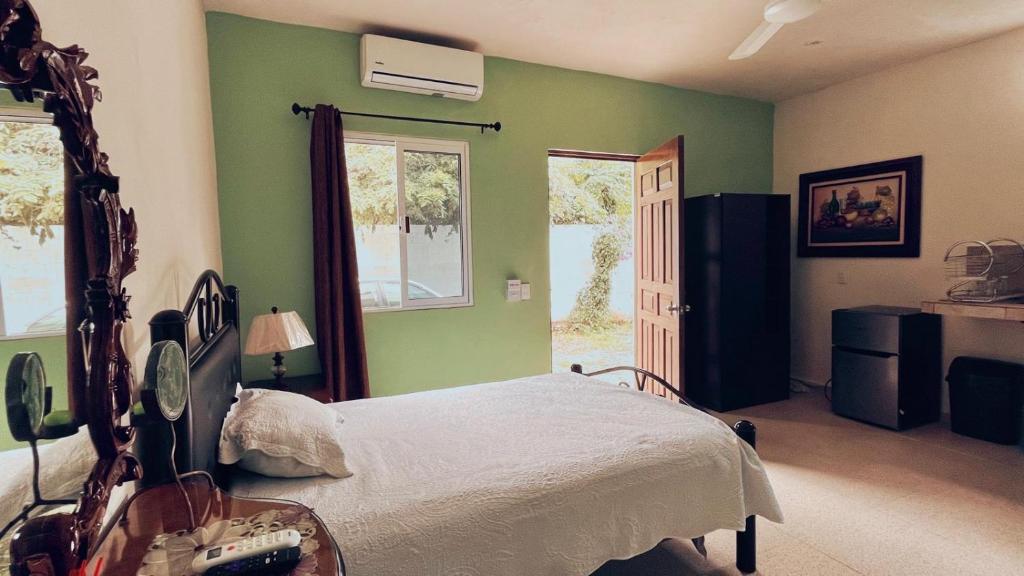 Un dormitorio con una cama en una habitación con paredes verdes. en Martha Cozy Apartments 2, en Valladolid