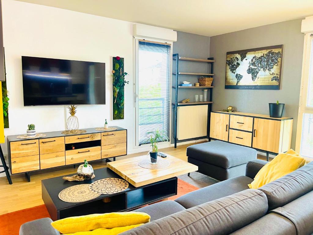 un salon avec un canapé et une télévision dans l'établissement Cosy & Lumineux - Balcons - Spacieux - Parking rue, à Orléans