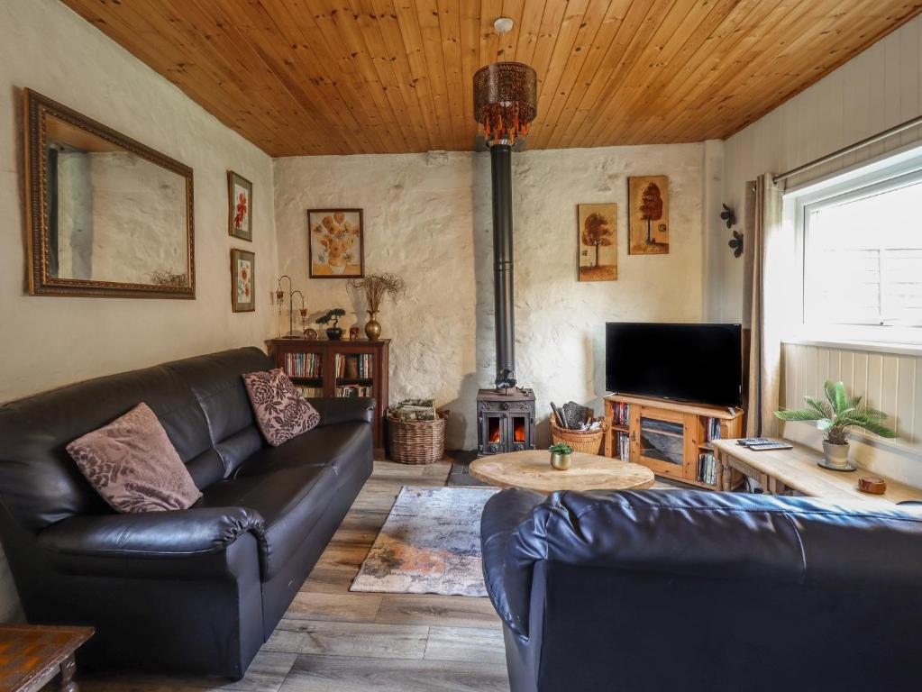 a living room with a leather couch and a tv at Tyn Y Cefn in Blaenau-Ffestiniog